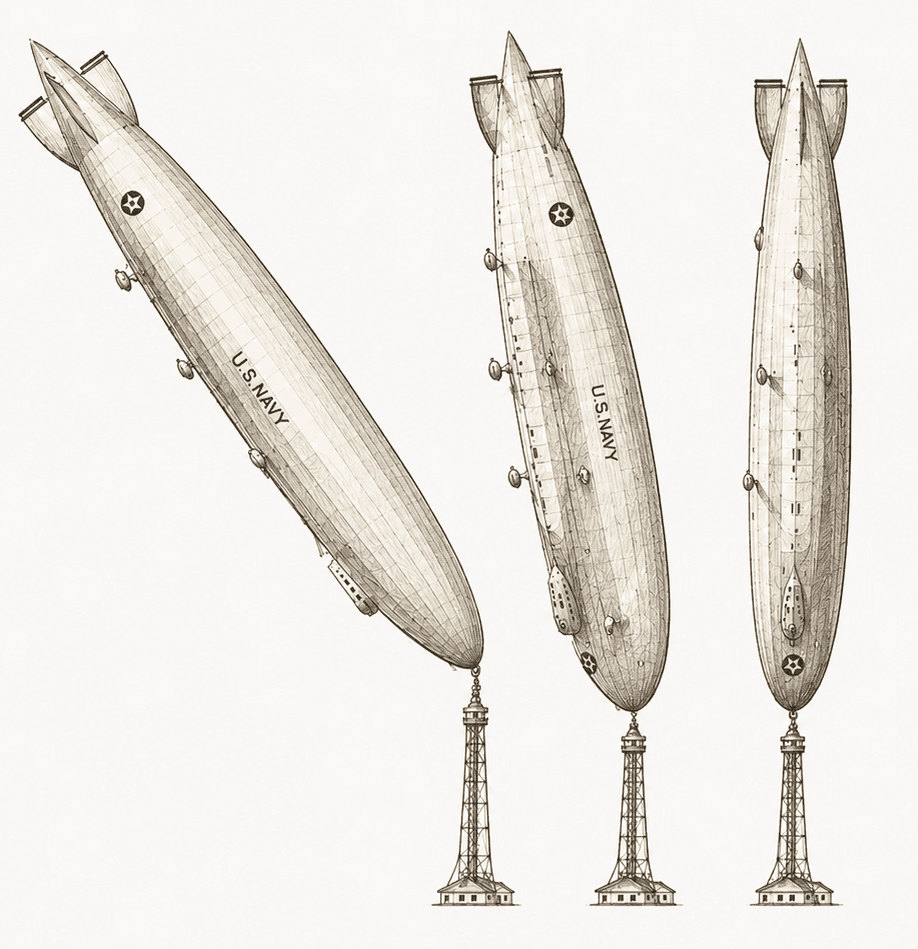 Three blimps over a construction site